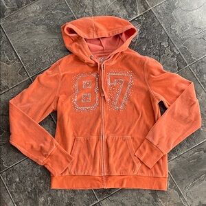 Vintage AERO Y2K Orange/Pink Velour Coquette Bedazzled Sparkly Streetwear Hoodie